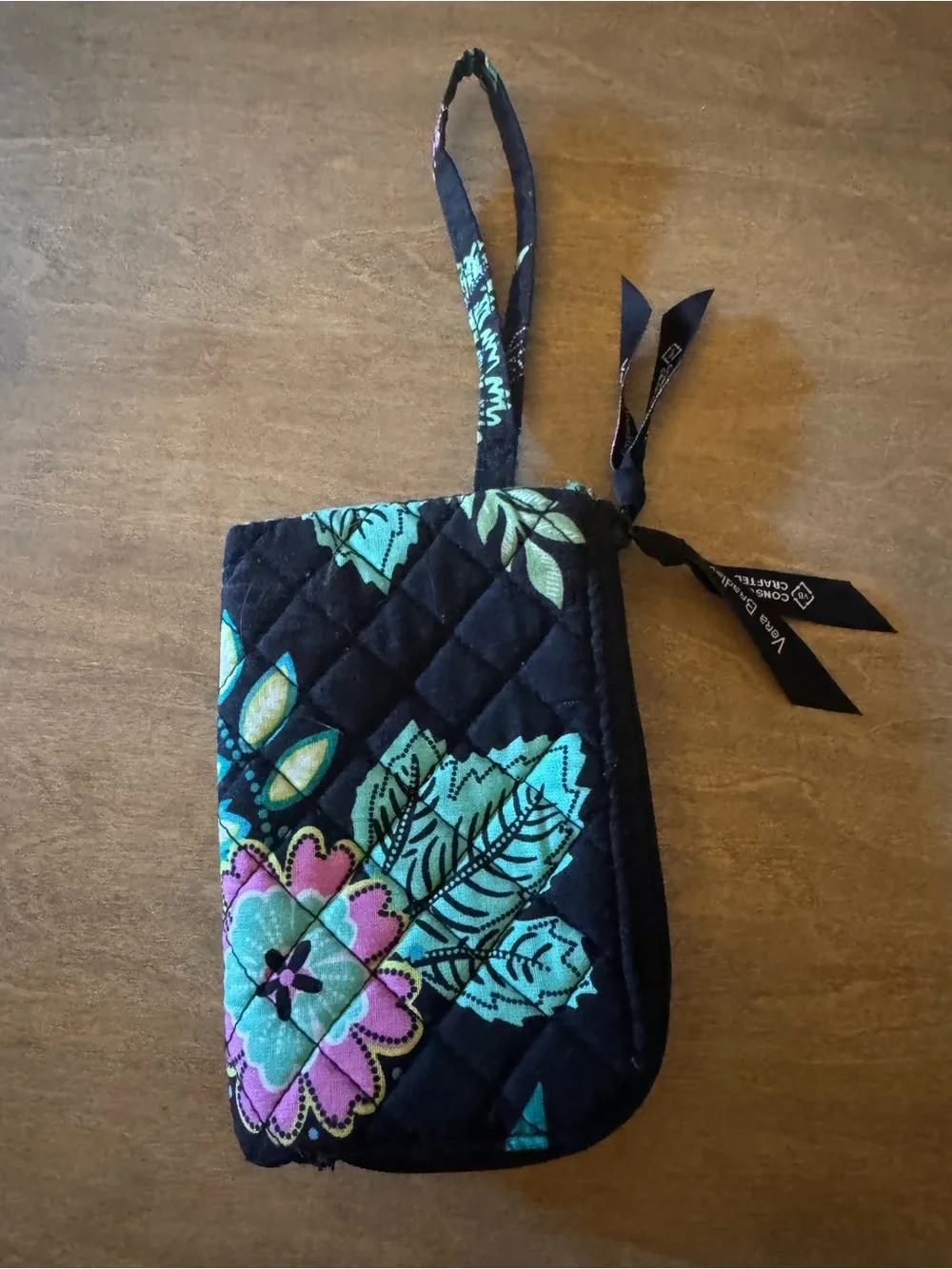 Vera Bradley Black Floral Quilted Wristlet Wallet with Aqua and Pink Accents